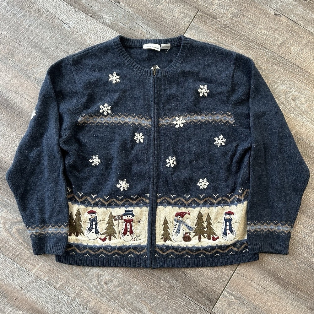 Croft & Barrow Snowman Christmas Sweater Navy Blue Zip Cardigan Vintage XL